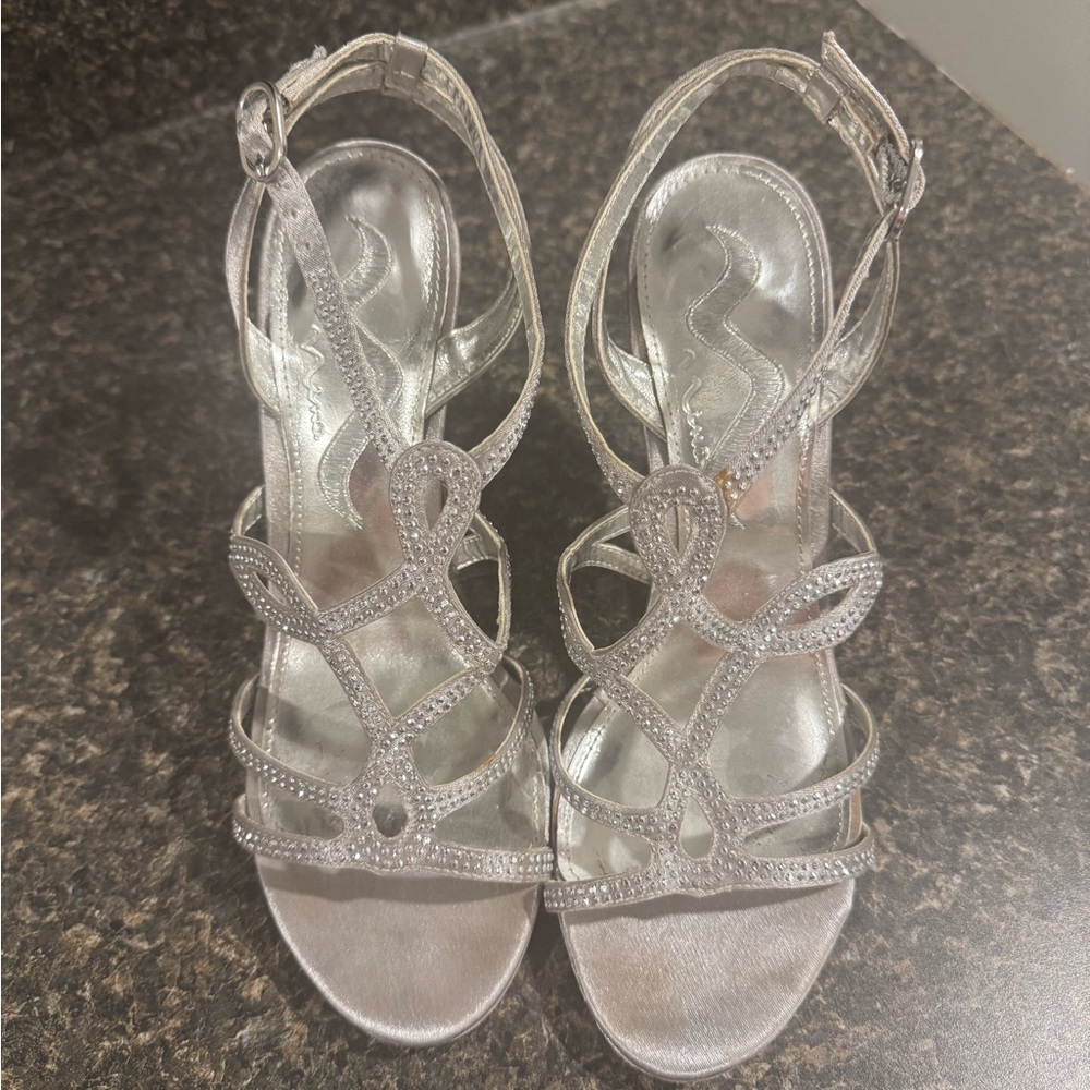 Nina Silver Rhinestone Strappy Stilettos